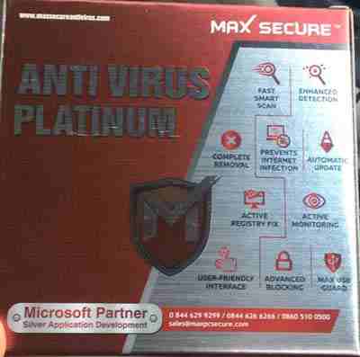 Max Secure Anti Virus Platinum 2018 1 User 1 Year Software CD
