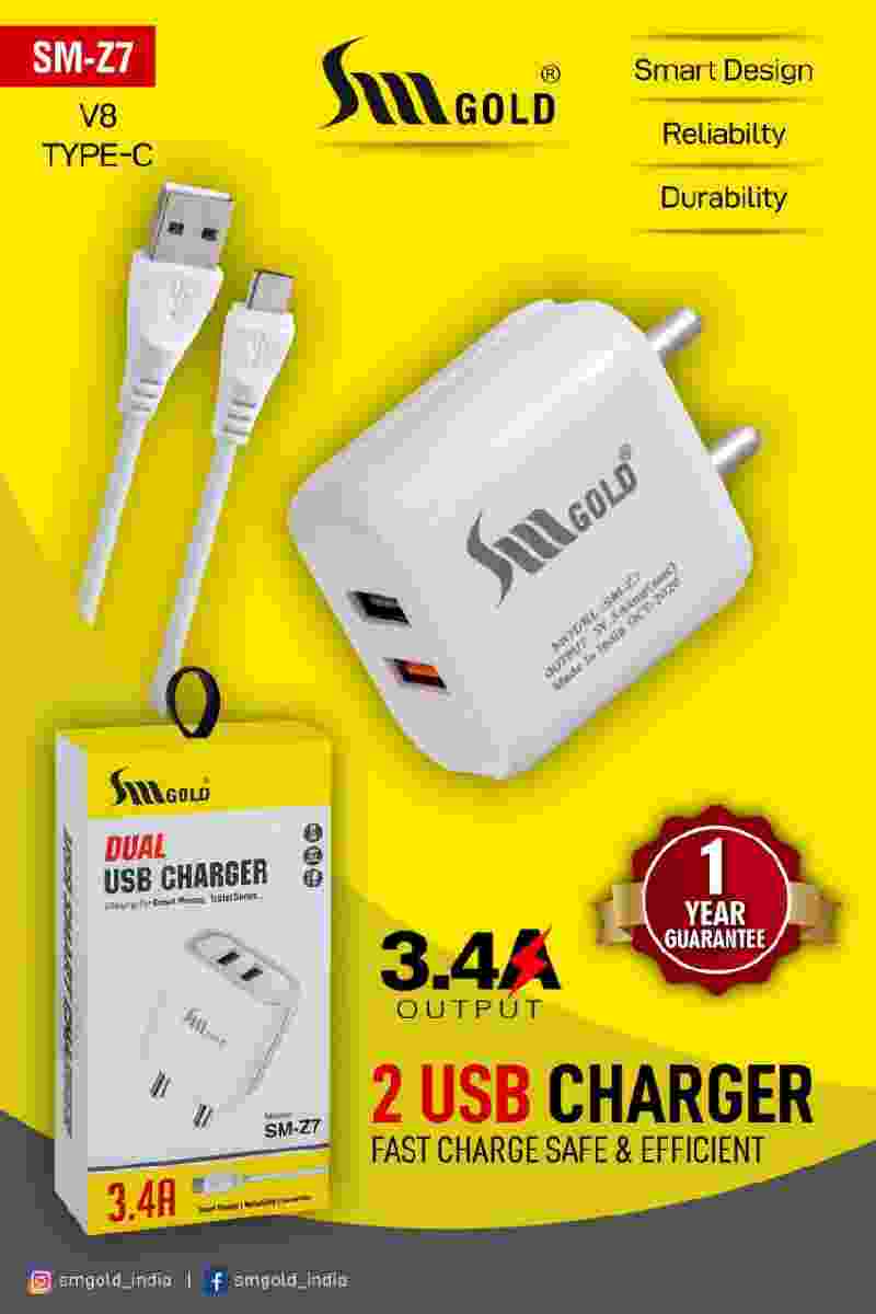 SM Gold SM-Z7 3.4A 2 Port Dual Fast Mobile USB Charger