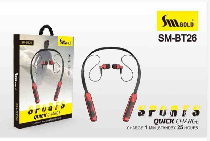 SM Gold SM-BT26 Quick Charge 25 Hours Sports Blutooth with Mic NeckBand HeadSet HeadPhone