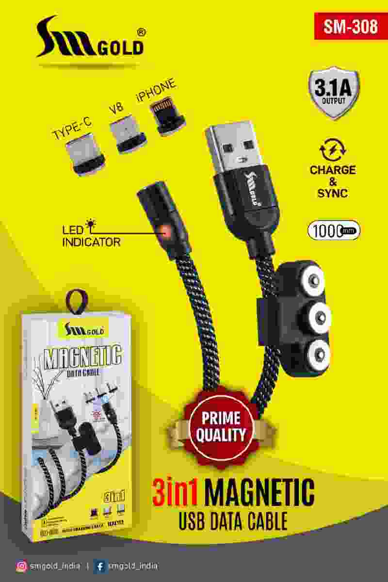 SM Gold SM308 3 in 1 Type-c V9 and IPhone 3.1A WITH LED INDICATOR MAGNETIC USB DATA CABLE